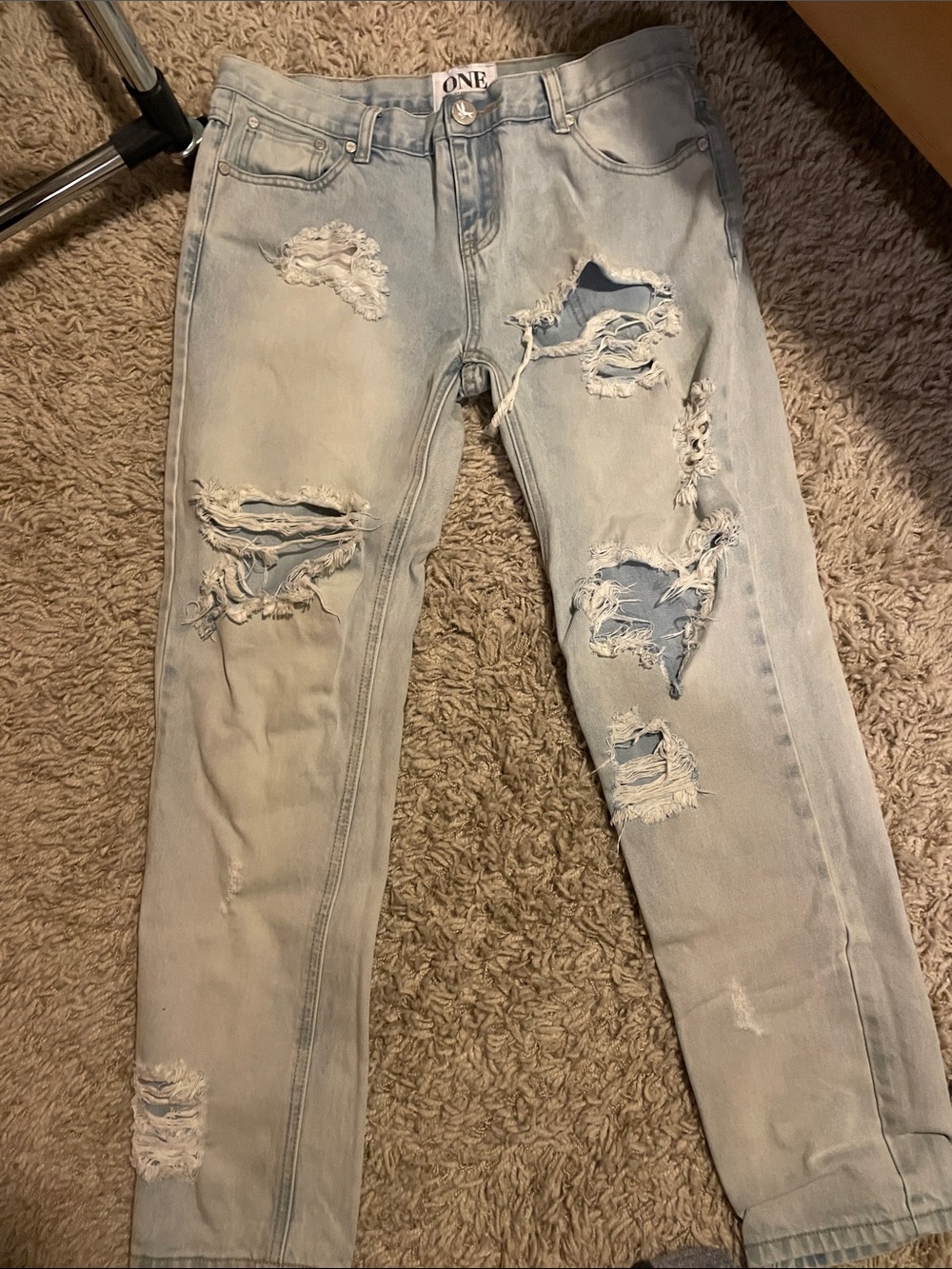 One Teaspoon Light Blue Distressed Slim Straight Jeans